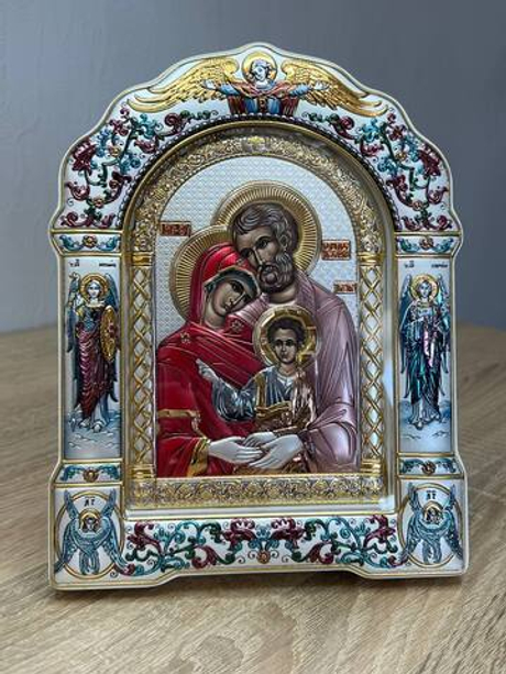 Св. Семейство, икона арочная с рамкой под стеклом, белое дерево,эмаль 266х335