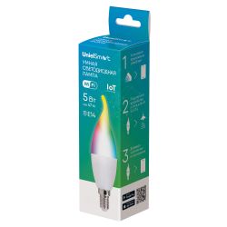 LED-CW37-5W-RGBW-E14-230V-WF-FR PLS80WH Умная лампа светодиодная Wi-Fi+Bluetooth. диммируемая. Форма свеча на ветру. матовая. 2700-6500K+RGB. Голосовое управление+приложение UnielSmart. TM Uniel