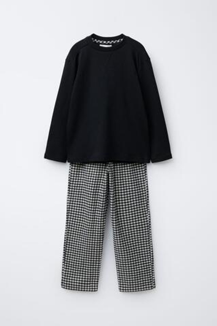 ZARA КОМБИНИРОВАННАЯ ПИЖАМА ИЗ ФЛИСА И В КЛЕТКУ ВИШИ, ЧЕРНЫЙ/ЭКРЮ