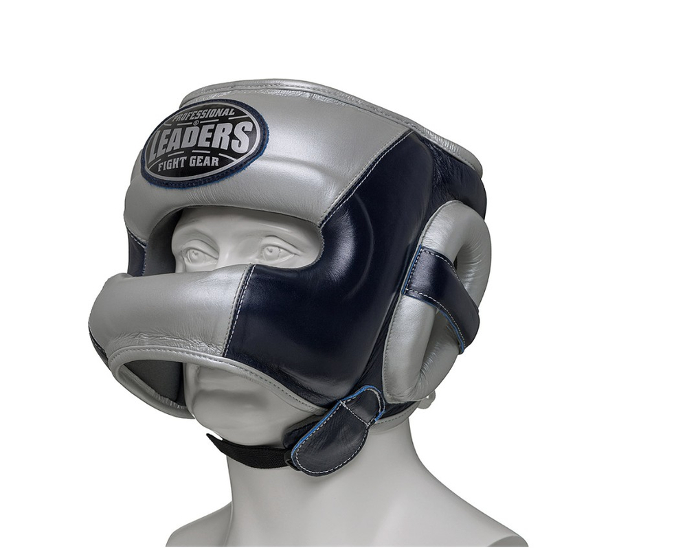 Шлем боксерский LEADERS LS ULTRA с бамперной защитой BL/SIL  кожа, синий тёмный/серебристый
