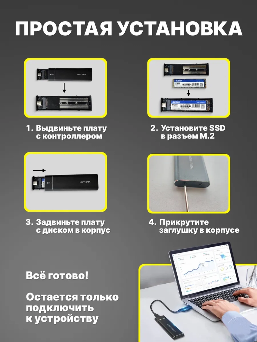 Корпус m2 для SSD NGFF SATA USB 3.1 Gen2, Type-C