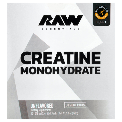 Raw Nutrition, Essentials, моногидрат креатина, без добавок, 30 пакетиков по 5,1 г (0,18 унции)