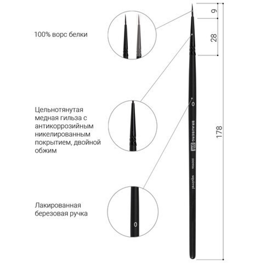Кисть художественная проф. BRAUBERG ART CLASSIC, белка, круглая, № 0, короткая ручка, 200906