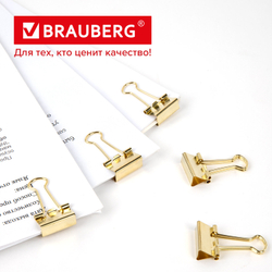 Зажимы для бумаг BRAUBERG EXTRA, КОМПЛЕКТ 12 шт., 19 мм, на 60 л., золотистые, европодвес, 229586