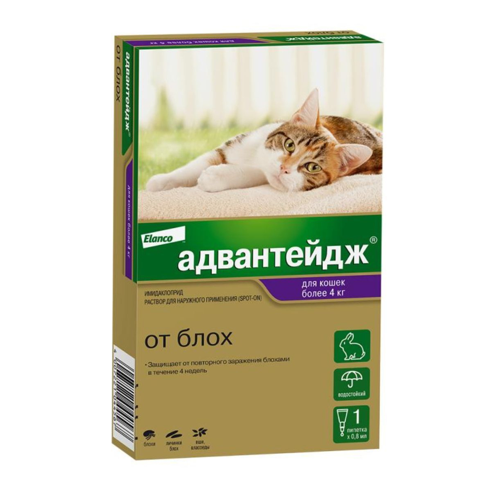 Капли на холку от блох для кошек более 4 кг, а так же декоративных кроликов Адвантейдж ( Elanco ), 1 пипетка Имидаклоприд