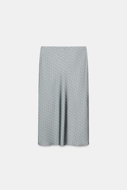 ZARA АТЛАСНАЯ ЮБКА МИДИ, СИНИЙ/БЕЛЫЙ