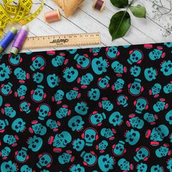 Ткань блэкаут зелёные черепа в розовых наушниках и респираторах