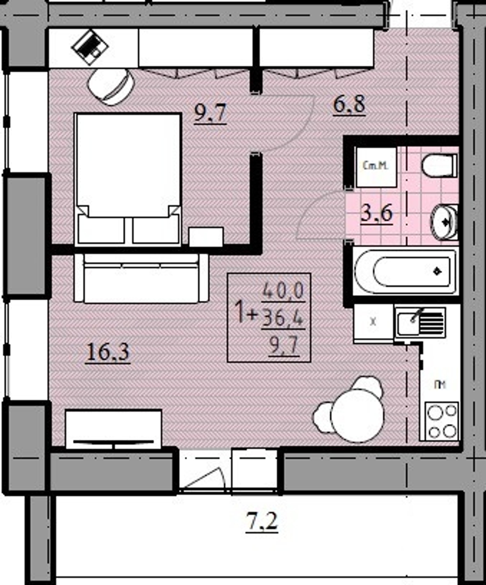 1+ квартира, 36,4 м² / Чистовая отделка