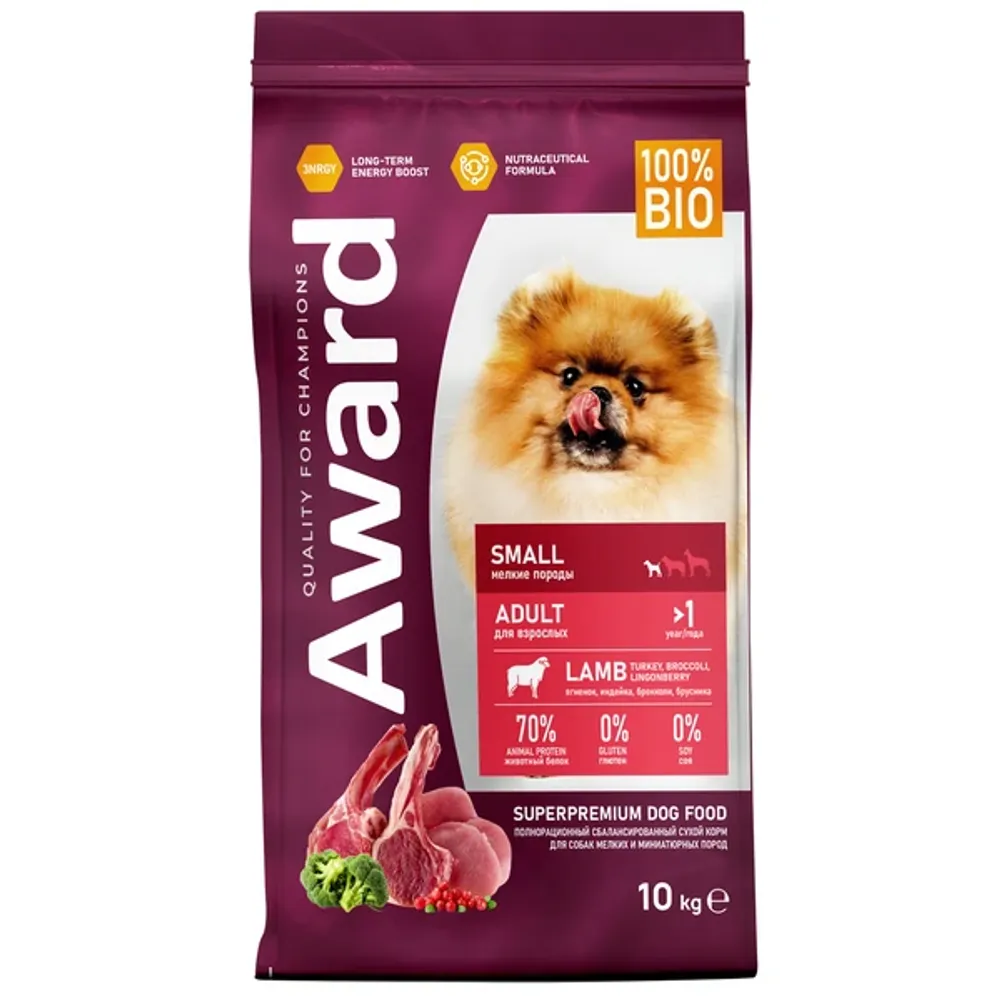 Уценка! Повр.упак. / Сухой корм AWARD для взрослых собак мелких и миниатюрных пород с ягненком и индейкой с добавлением брокколи и брусники