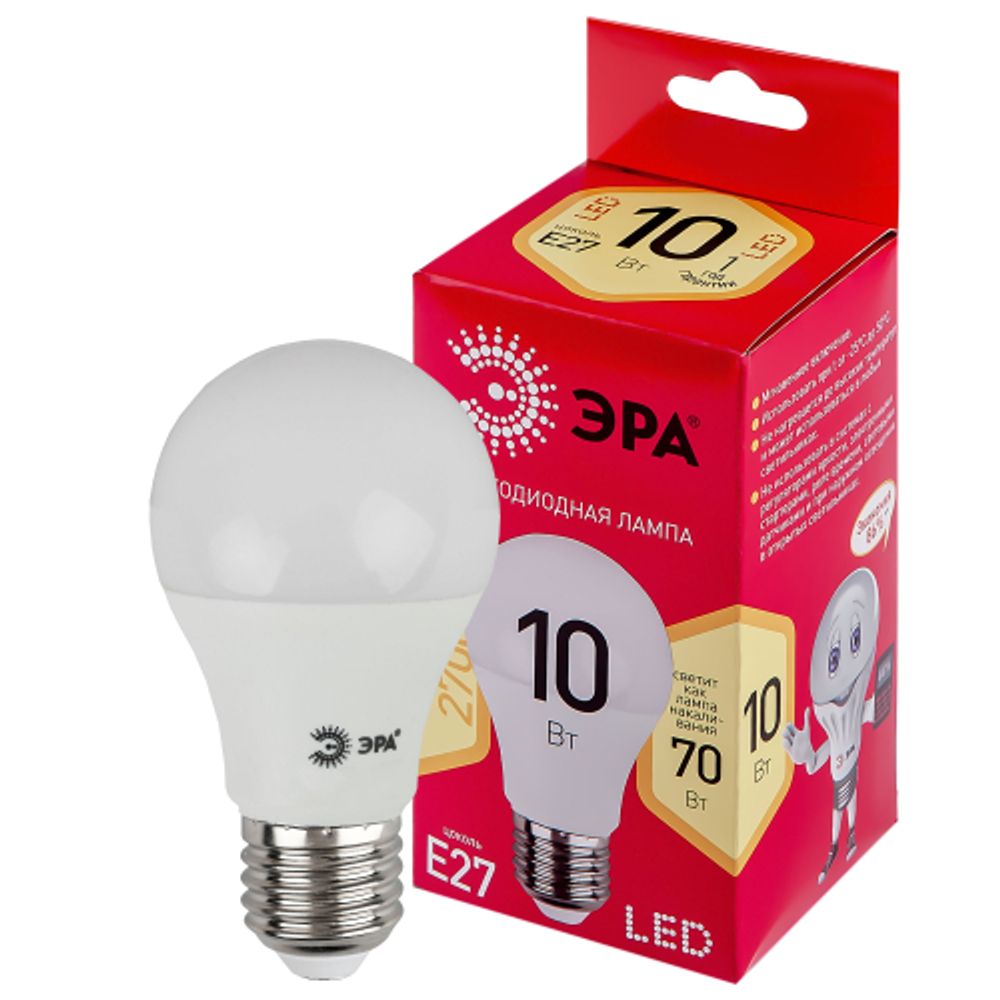Лампа светодиодная ЭРА RED LINE LED A60-10W-827-E27 R 10Вт груша теплый белый свет Е27 | Лампы cветодиодные Груша (A)