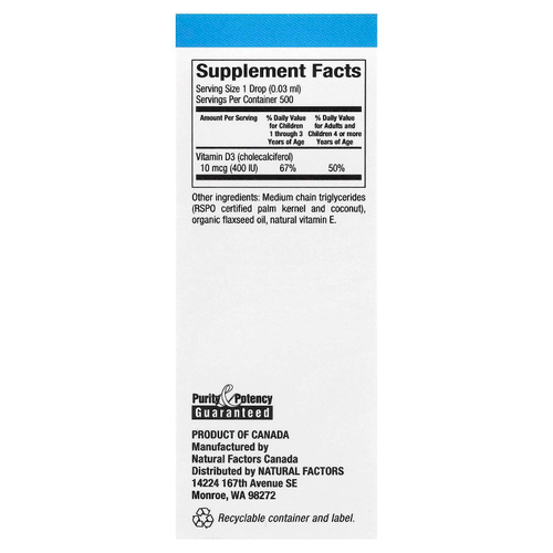 Natural Factors, витамин D3 в каплях для детей, без добавок, 15 мл (0,5 жидк. унции)