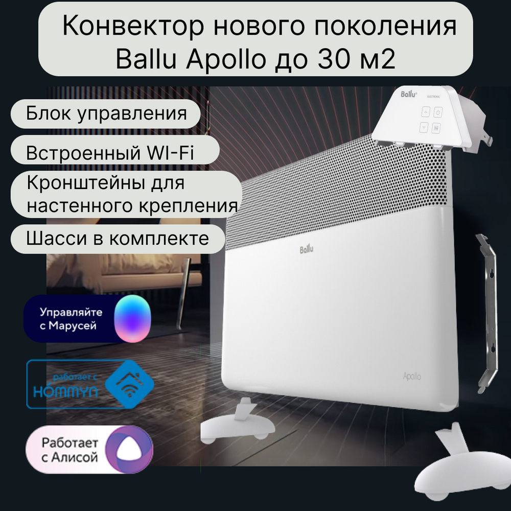 Конвектор электрический Ballu Apollo BEC/AT-2500-4E с Wi-Fi и шасси