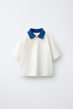 ZARA ФУТБОЛКА ПОЛО ИЗ МАХРОВОЙ ТКАНИ, СИНИЙ