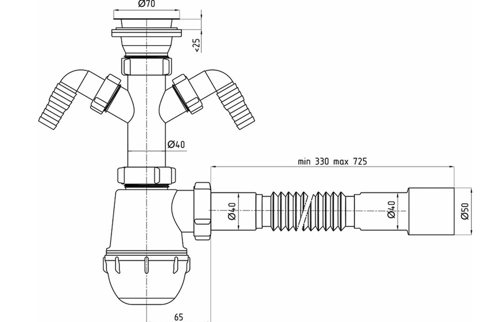 Сифон АНИ Пласт A1115 Грот 1 1/2"*40 с 2 отверстиями стиральной машины с гибкой трубкой 40*40/50