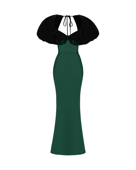 Платье макси из бархата и сатина с объемными рукавами и бахромой