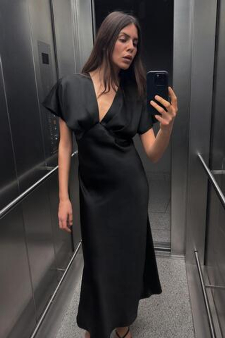ZARA ПЛАТЬЕ МИДИ ИЗ САТИНА, ЧЕРНЫЙ
