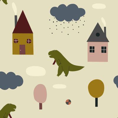 Милый скандинавский пейзаж с диназаврами и домиками