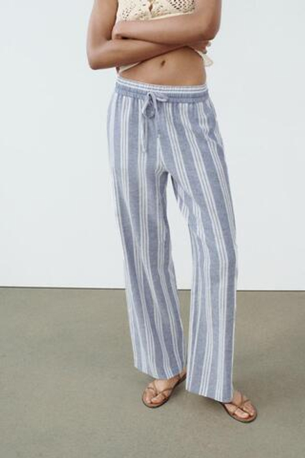 ZARA БРЮКИ В ПОЛОСКУ ИЗ СМЕСОВОГО ЛЬНА, ПОЛОСКИ