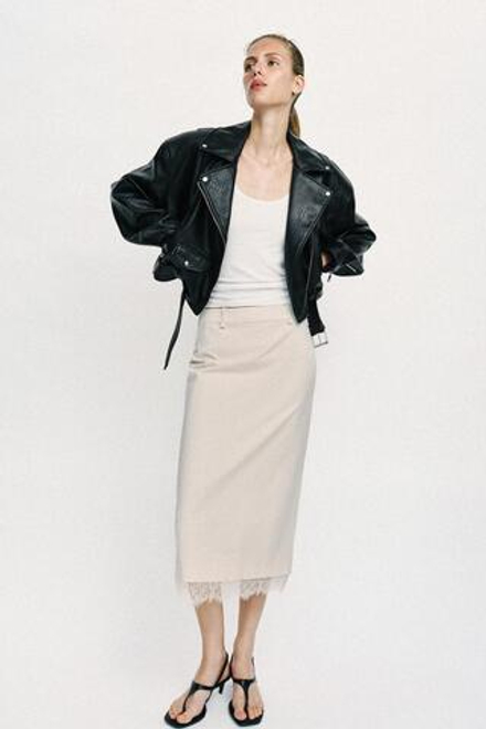 ZARA ЮБКА МИДИ С КРУЖЕВОМ, КОСТЯНОЙ