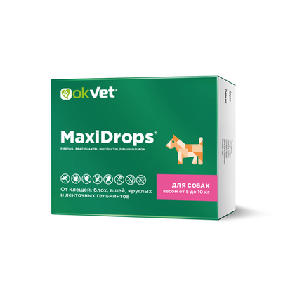 OKVET MAXIDROPS Капли от блох, клещей и гельминтов для собак массой от 5 до 10 кг