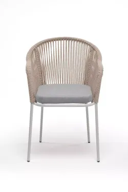 "Лион" стул плетеный из роупа, каркас из стали светло-серый (RAL7035) муар, роуп бежевый круглый, ткань светло-серая