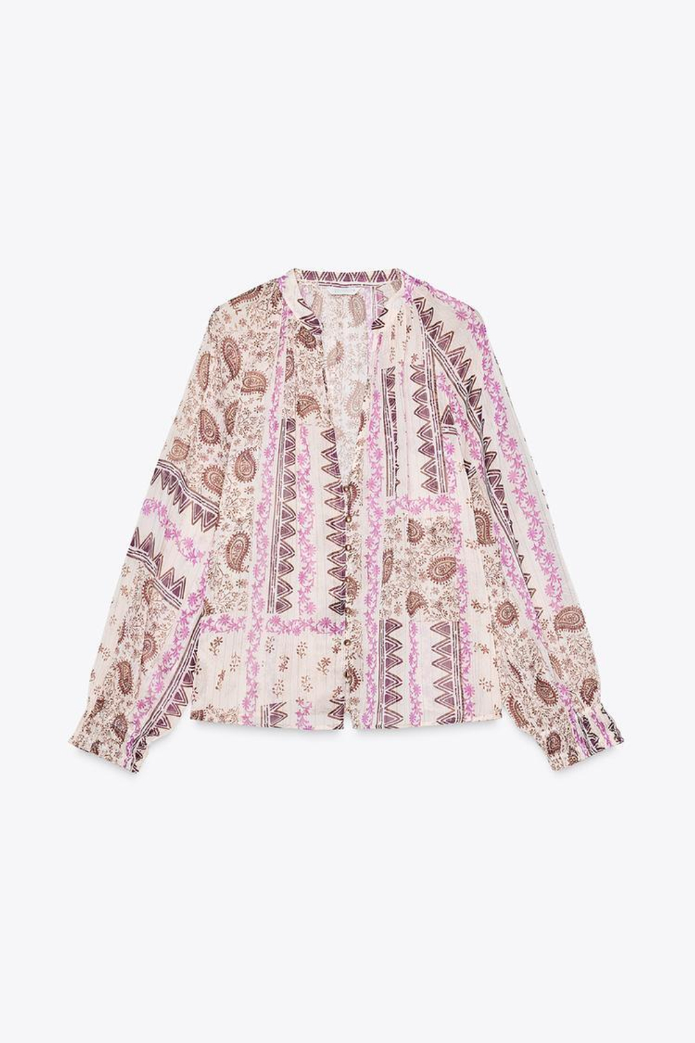 ZARA БЛУЗА ИЗ ПОЛУПРОЗРАЧНОЙ ТКАНИ С ПРИНТОМ В СТИЛЕ ПЭЧВОРК, РАЗНОЦВЕТНЫЙ