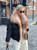 Пуховик зимний черный с мехом лисы «огневки» 60см