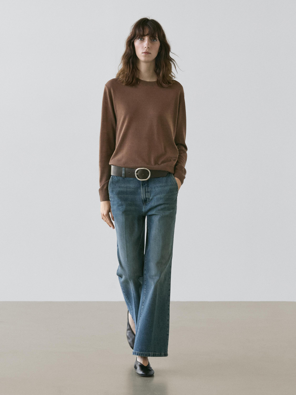 Massimo Dutti Свитер из тонкого трикотажа с круглым вырезом, тоффи