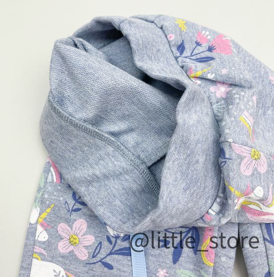 Брюки "Единороги в цветах" из футера, серо-голубые