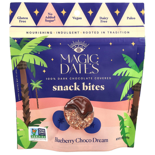 MAGICDATES, Snack Bites, покрытый 100% темным шоколадом, Blueberry Choco Dream, 100 г (3,5 унции)