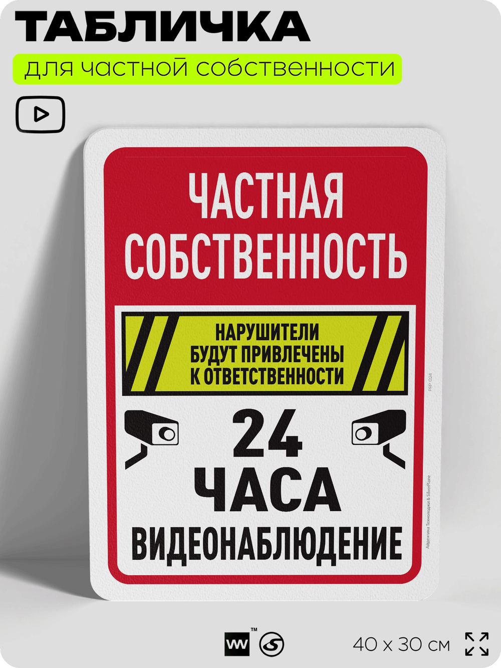Табличка для частной территории "Частная собственность, видеонаблюдение 24 часа", на дом, для участка, организаций, предупреждающая, 40х30 см, Silver Plane x Айдентика Технолоджи