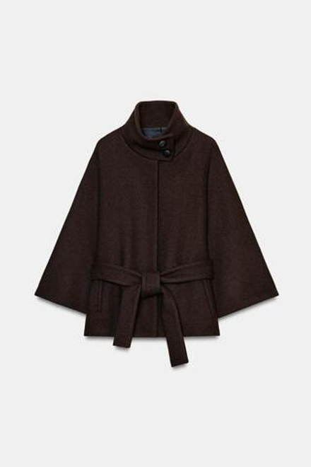 ZARA КОРОТКОЕ ПАЛЬТО-НАКИДКА ИЗ ШЕРСТИ С ПОЯСОМ, КОРИЧНЕВЫЙ