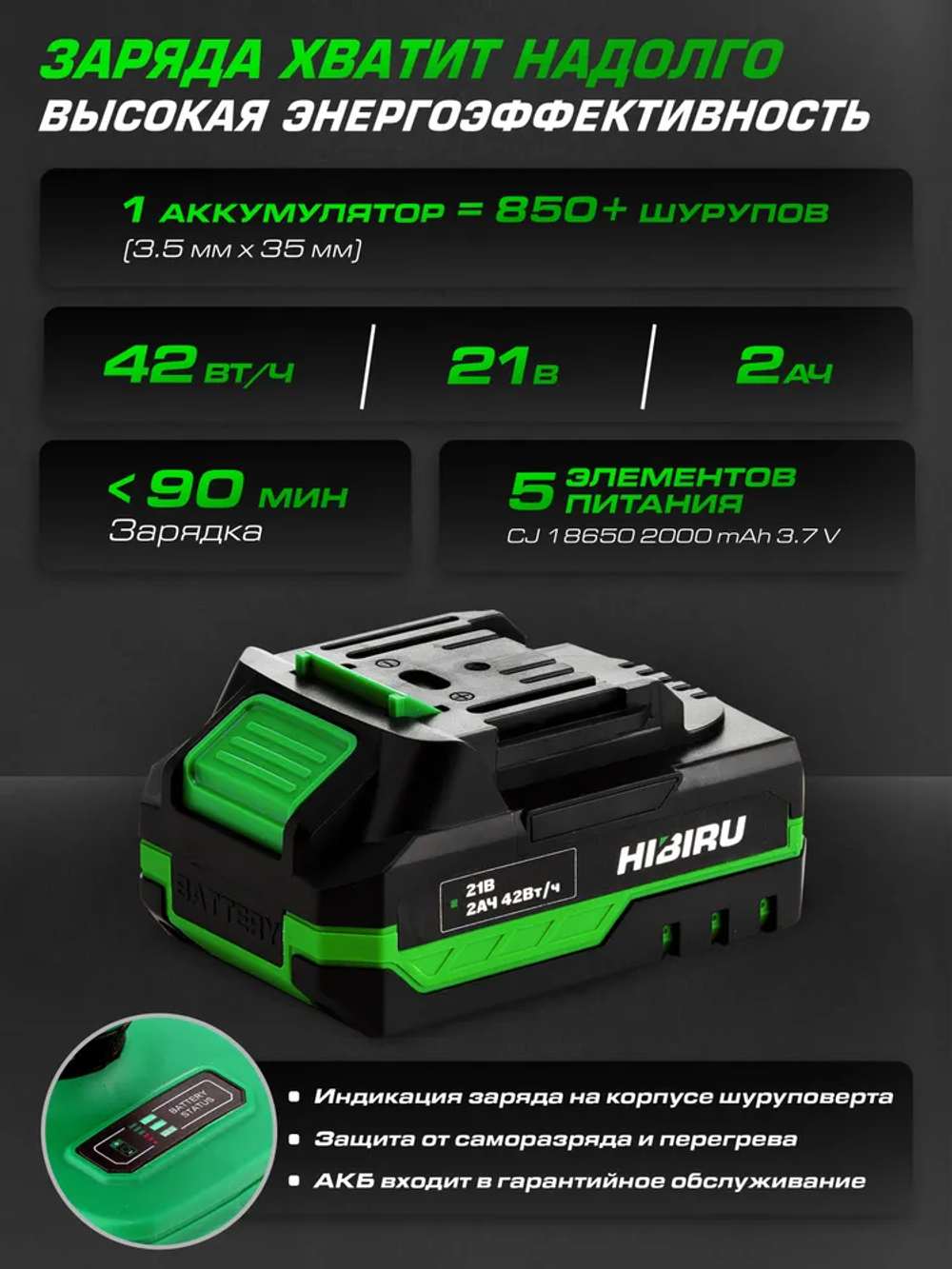 HIBIRU / Бесщеточный аккумуляторный шуруповерт 21В 60Нм 1АКБ 2Ач / HIBIRU SRW21, блокировка шпинделя, металлический патрон, кейс, оснастка в комплекте