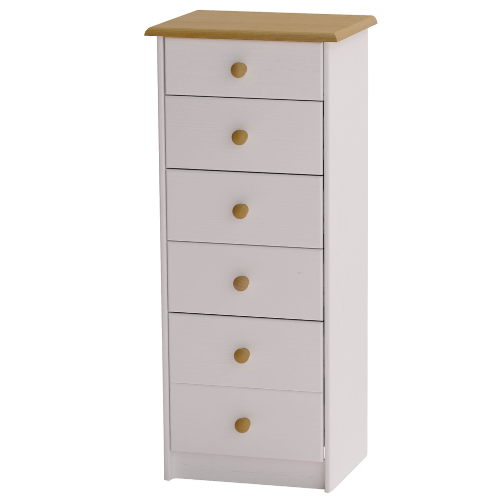 Комод 43х34х102 Хаба, массив сосны, 6 ящиков для одежды, высокий деревянный комод в спальню и детскую, белый/антик, Dipriz