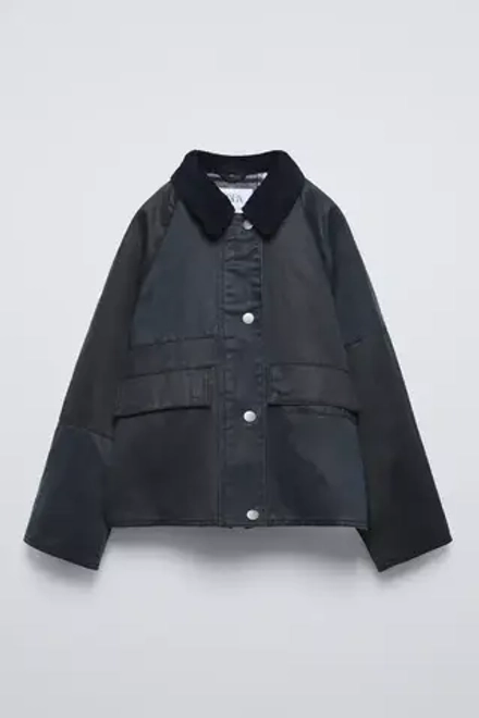 ZARA КУРТКА ИЗ ВОЩЕНОЙ ТКАНИ С КАПЮШОНОМ, СИНИЙ