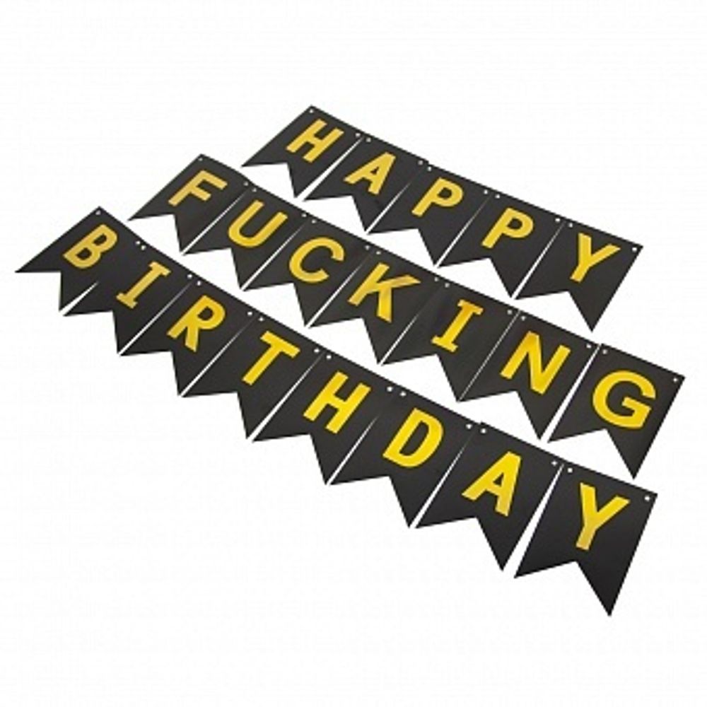Гирлянда Флажки Happy Birthday для взрослых Черный/Золото Металлик 500 см. 16*12 см.