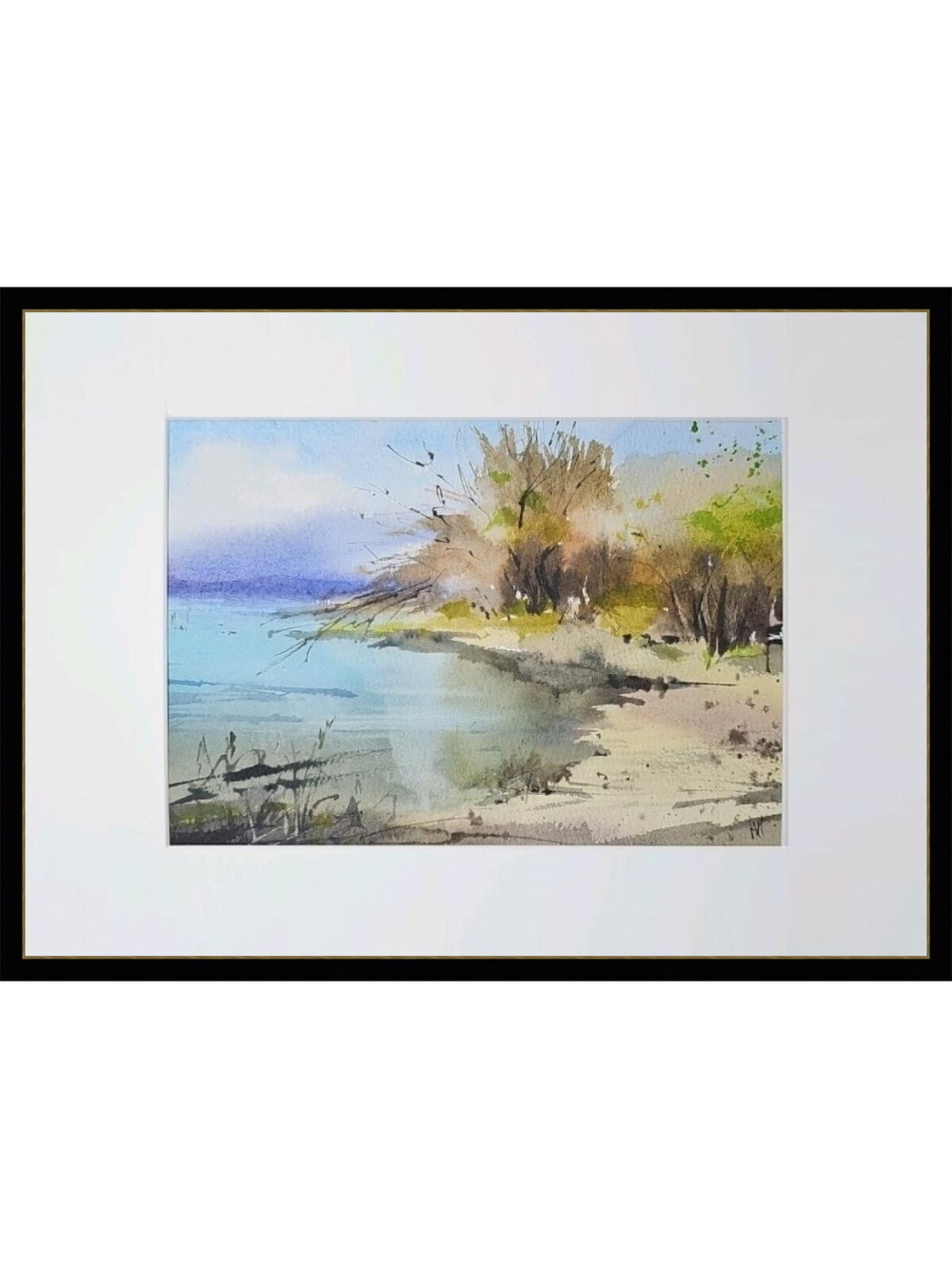 Картина авторская акварельная в паспарту 21х30 см на стену для интерьера "Весенний берег"