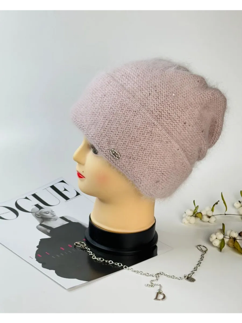 шапка зимняя вязаная ангора с пайетками