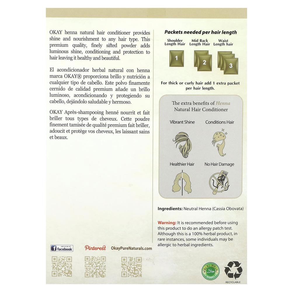 Okay Pure Naturals, Хна, натуральный кондиционер для волос, нейтральный, 56,7 г (2 унции)