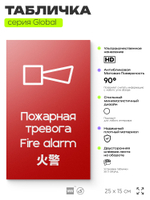 Табличка Звуковой оповещатель пожарной тревоги, на дверь и стену, информационная и мультиязычная (русский, английский, китайский), серия GLOBAL, 25х15 см, Айдентика Технолоджи