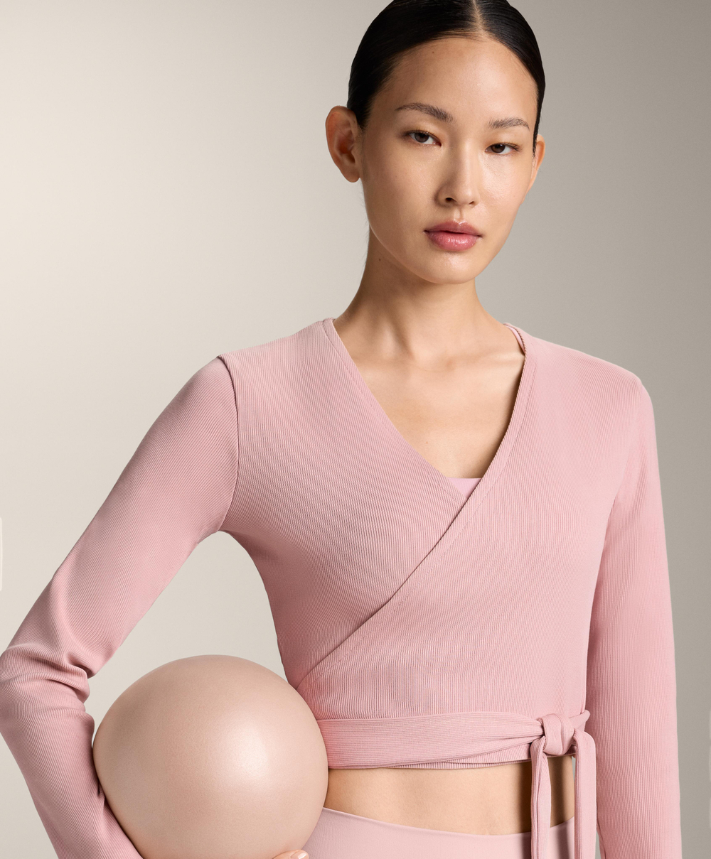 Oysho Футболка с длинными рукавами на запахе в рубчик, розовый