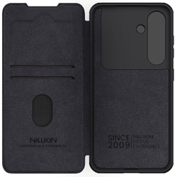 Кожаный чехол книжка черного цвета от Nillkin для смартфона Samsung Galaxy S25+, серия Qin Pro Leather с сдвижной защитной шторкой для камеры