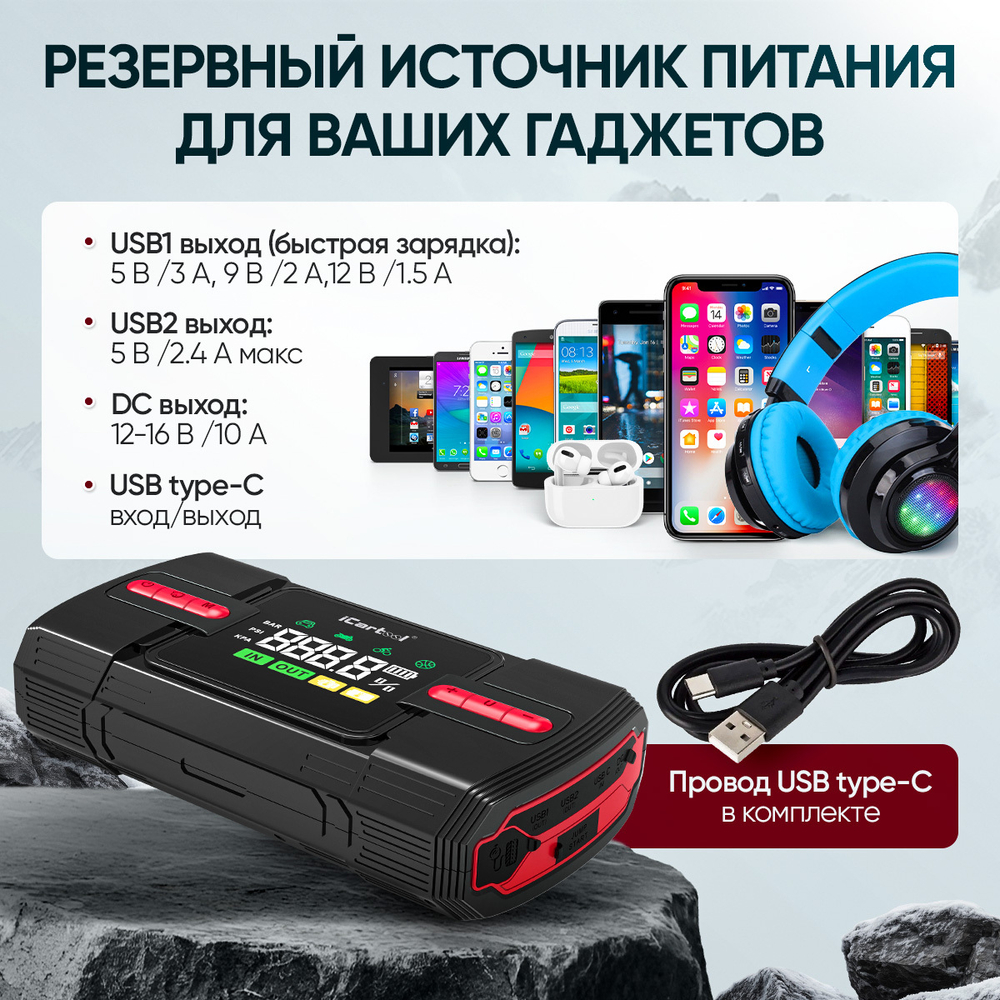 Пусковое устройство c компрессором 12В, 12 000 мАч, 600/1200А iCartool IC-JSD12P