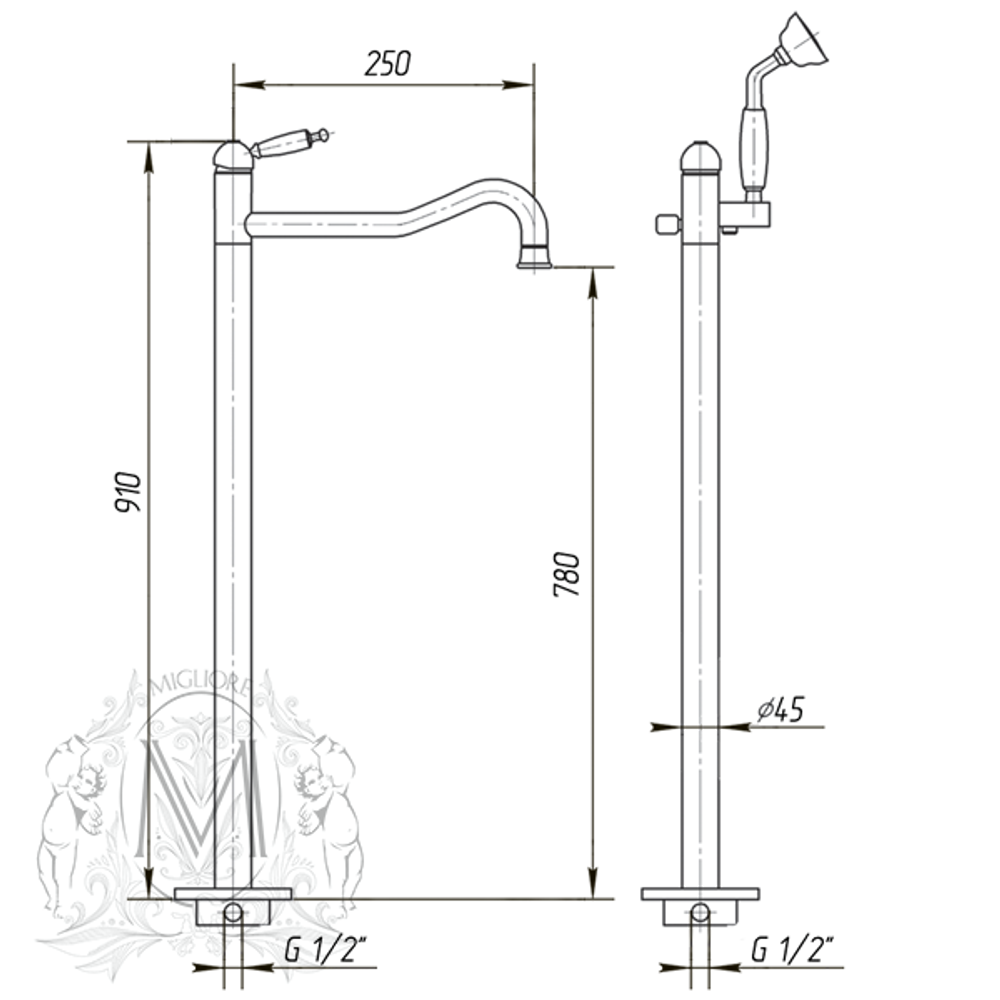 Смеситель для ванны напольный Migliore Oxford 19557 схема