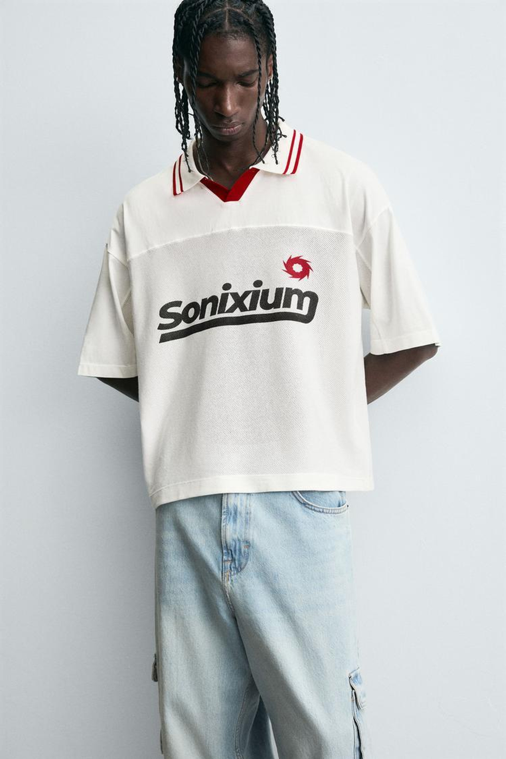 ZARA РЕТРО-ФУТБОЛЬНОЕ ПОЛО С ПРИНТОМ, ЭКРЮ