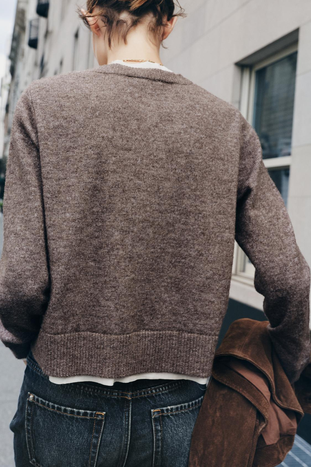 ZARA КАРДИГАН СО СТАВКАМИ ИЗ КОНТРАСТНОЙ ТКАНИ, СЕРО-КОРИЧНЕВЫЙ