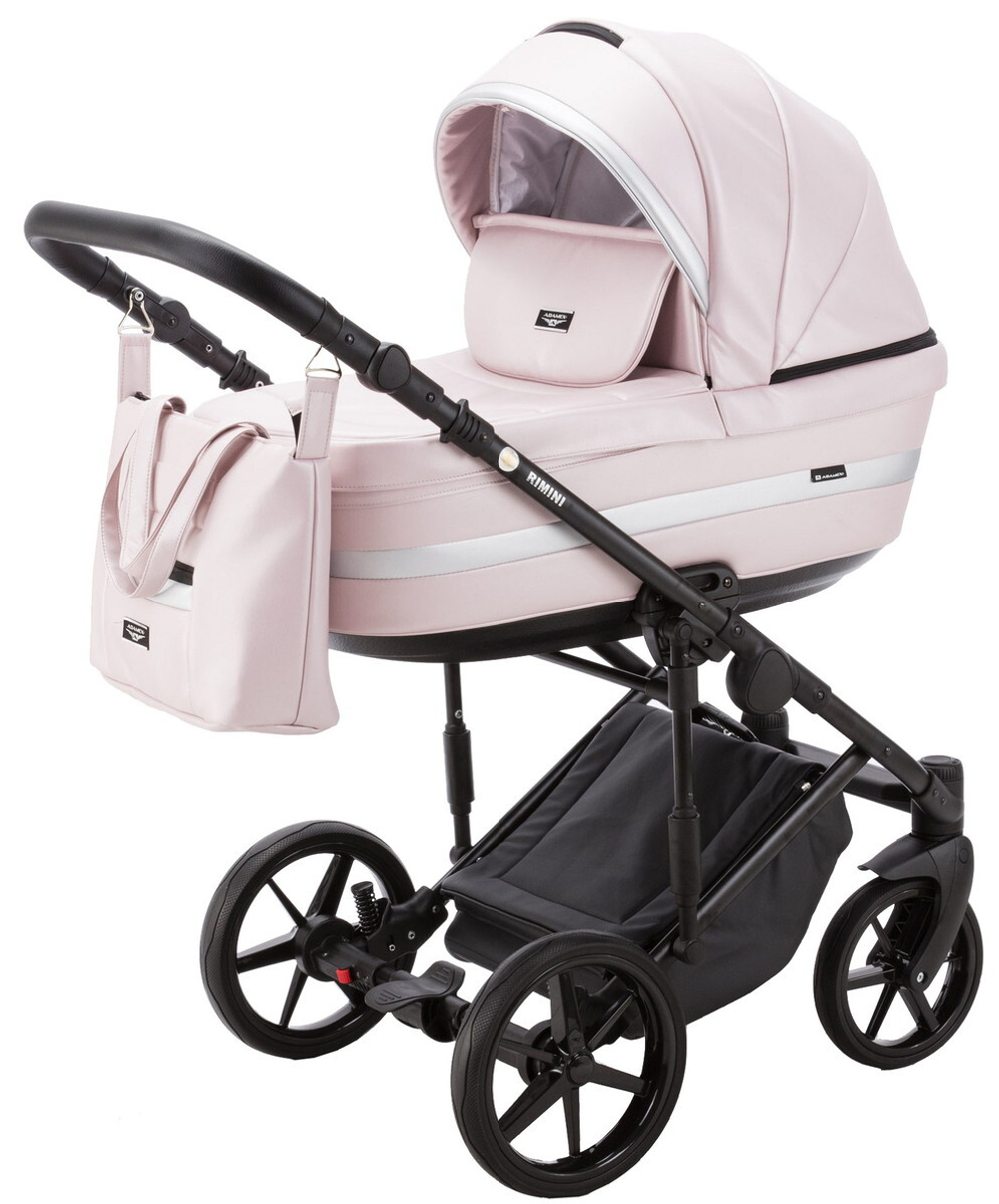 Детская коляска Adamex Rimini Deluxe 2 в 1 RI245 РОЗОВ.КОЖА+ СЕРЕБР.ОТДЕЛКА