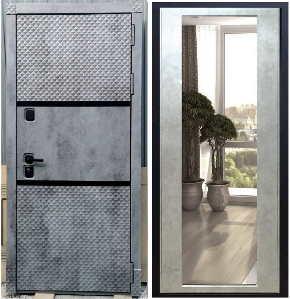 Входная металлическая дверь с зеркалом RеX (РЕКС) 15 Чешуя бетон темный, фурнитура ЧЕРНАЯ квадрат/ зеркало 2XL СБ-17 бетон светлый