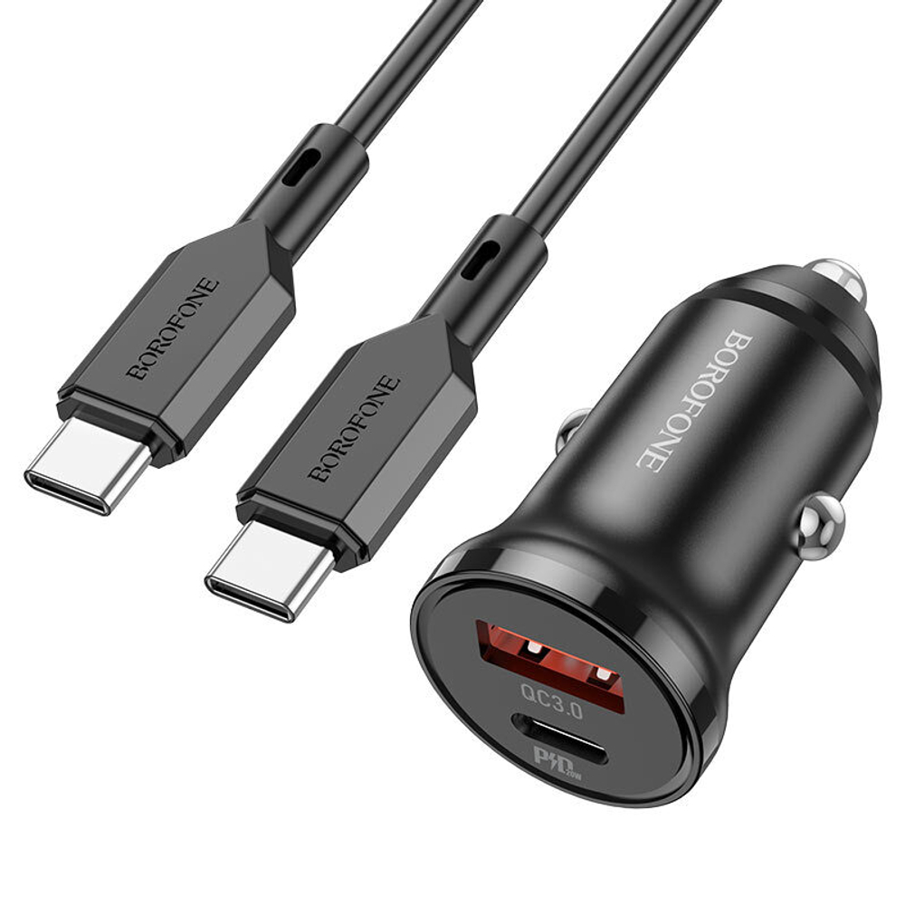 Автомобильный адаптер питания BOROFONE BZ18A PD 20W+QC 3.0 + кабель Type-C - Type-C (черный)