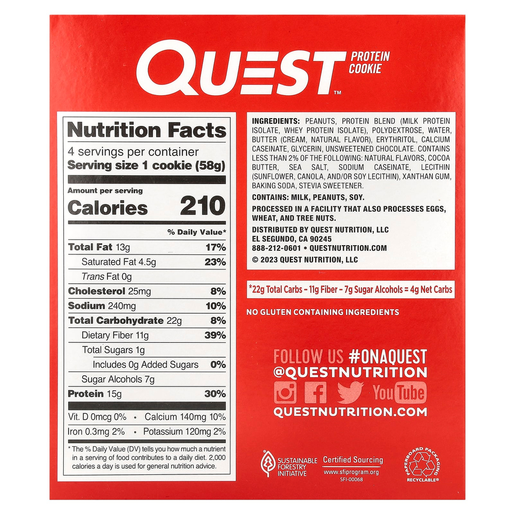 Quest Nutrition, протеиновое печенье, арахисовая паста и шоколадная крошка, 4 пакетика по 58 г (2,04 унции)
